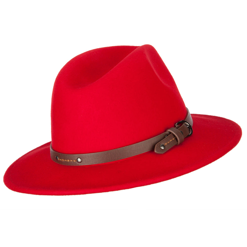 Wool & Faux Leather Buckle Wide Brim Fedora